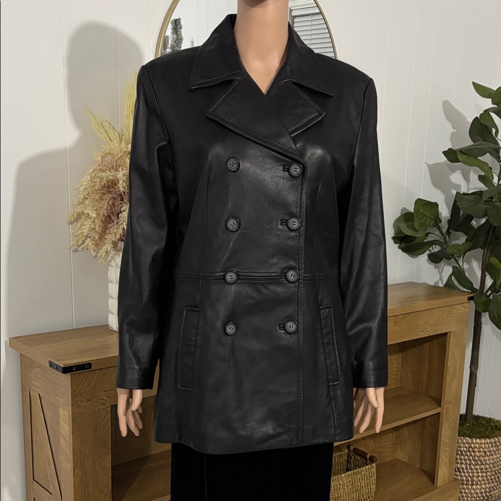 Colebrook & Co Black Leather Doble Breasted Trench Coat Size L